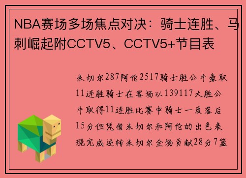 NBA赛场多场焦点对决：骑士连胜、马刺崛起附CCTV5、CCTV5+节目表