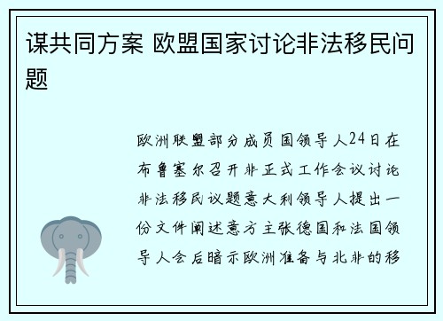 谋共同方案 欧盟国家讨论非法移民问题